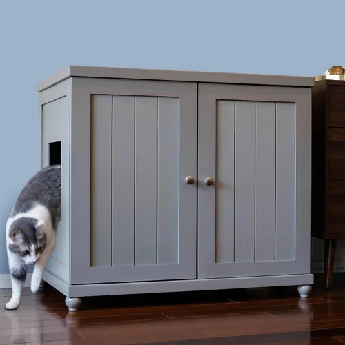 Vista 15 de THE REFINED FELINE Armario de caja de arena para gatos, cabaña, gris humo, pies de mediados de siglo, grande, muebles de arena oculta para gatos