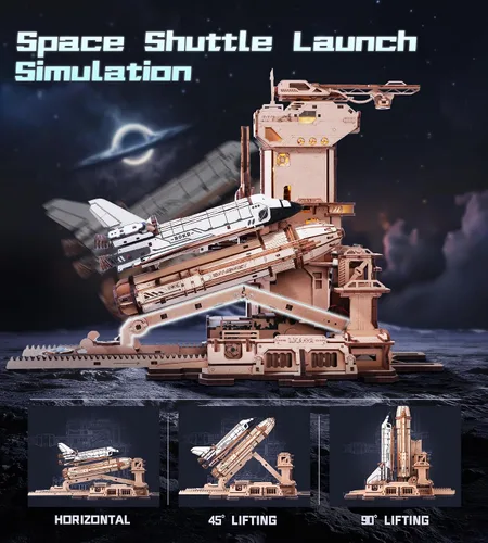 Vista 3 de ROKR 3D Puzzles - Modelo de transbordador espacial - Base de lanzamiento dinámica con elevación motorizada, efectos de luz LED, kit de construcción