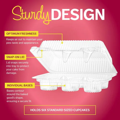 Vista 6 de Cajas de plástico para cupcakes 6 compartimentos – Paquete de 42 Soporte desechable de docena de magdalenas con tapa a granel Cajas apilables