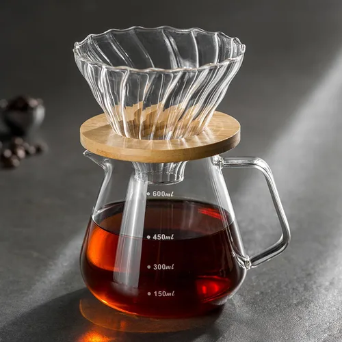 Vista 3 de Juego de Cafetera de Goteo – Jarra de Café con Asa de Bambú, Gotero de Café de Vidrio y 100 Filtros, Capacidad de 20oz/600ml