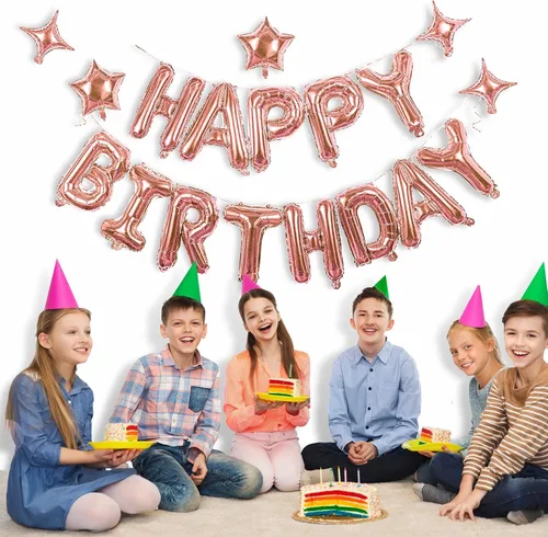 Vista 6 de iPartycool - Cartel de globos de feliz cumpleaños, 24 piezas de letras de aluminio de tereftalato de polietileno de alta calidad en 3D de oro rosa
