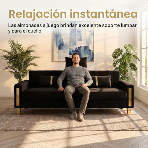 Vista 7 de Juego de sofá de 85 pulgadas, sofá de terciopelo con 2 almohadas y patas doradas, marco resistente de 750 libras, sofá moderno para dormitorio Negro