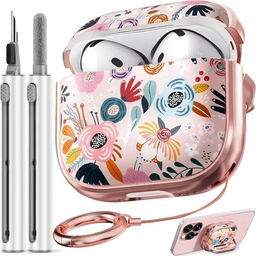 Vista 18 de Inesore Funda con bloqueo de seguridad para AirPods 4 2024, bonita funda floral para AirPod de 4ª generación para mujeres con kit limpiador