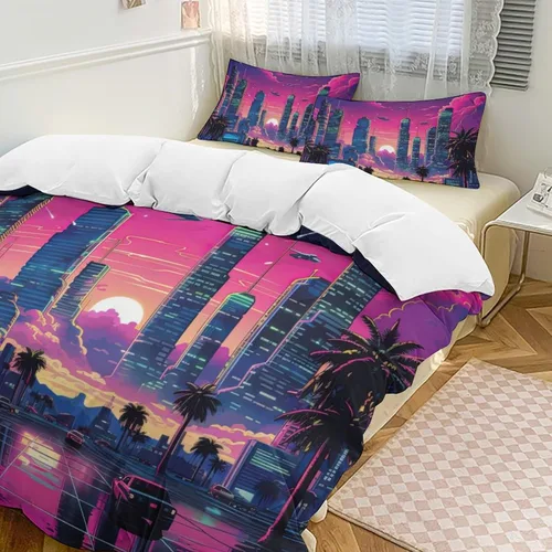 Vista 13 de Landscape Duvet Cover Full Size, Ultra Soft Microfiber Cityscape Bedding Set, 3 Pieces Night Scenery Pattern Comforter Cover Set with Zipper Closure