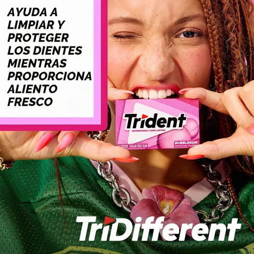 Vista 6 de 12 paquetes de 14 unidades cada uno; es decir, en total son 168 unidades de goma de mascar Trident Bubblegum sin azúcar sabor chicle. Accesorios
