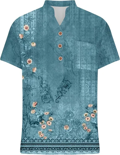 Vista 4 de Camisas de lino con botones para mujer, a la moda, casuales, holgadas, de verano, estilo bohemio, estampado floral, cuello