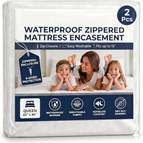 Vista 10 de EcoLaire - Protector de colchón tamaño Queen, impermeable, a prueba de ácaros, 6 lados con 3 cremalleras laterales, 60 x 80 x 13 pulgadas