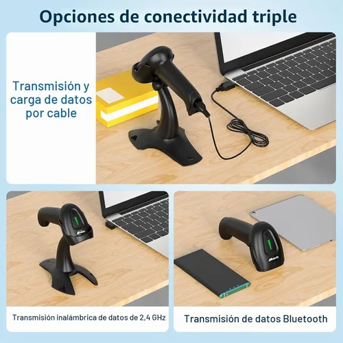 Vista 6 de Alacrity Escáner de Código de Barras Inalámbrico 2D 1D con Soporte, Conectividad 3 en 1 Bluetooth 2.4G Inalámbrico USB con Cable, Lector de Código