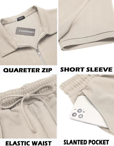 Vista 5 de COOFANDY Conjunto de 2 piezas de camisa polo y traje corto para hombre con cremallera de un cuarto para verano