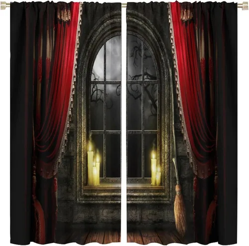 Vista 14 de Cortinas góticas de luna y bosque, color negro oscuro, naturaleza, estrella, paisaje, bosque, niebla, paisaje, impreso, para ventana, sala de estar