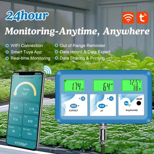 Vista 2 de Monitor de pH hidropónico ppm, WiFi 6 en 1 medidor de pH EC para sistema de cultivo hidropónico, monitoreo continuo pH PPM EC CF humedad temperatura