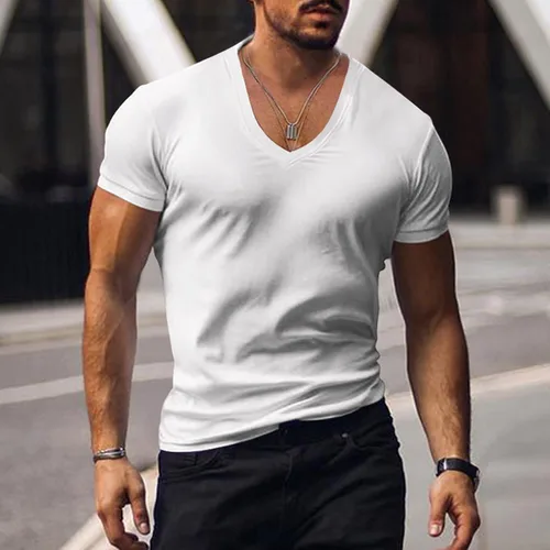 Vista 3 de Muscle - Camiseta de manga corta con cuello en V para hombre, casual, para gimnasio, atletismo, camiseta de moda, para entrenamiento, culturismo