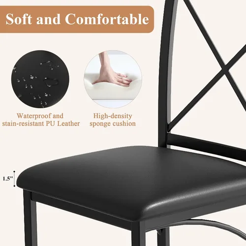 Vista 3 de VECELO Juego de 4 sillas de comedor de metal, patas de acero y asientos acolchados de piel sintética para cocina, sala de estar, color negro