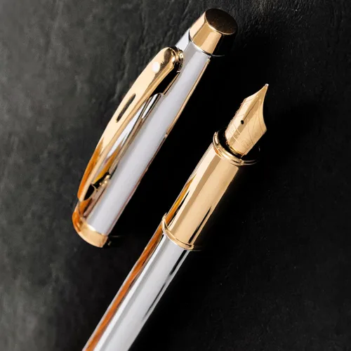 Vista 2 de Sheaffer Pluma estilográfica 100 cromada con ribete dorado y punta mediana
