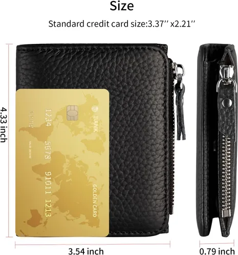 Vista 7 de Cartera pequeña de piel suave para mujer, con bloqueo RFID, con bolsillo con cremallera, billetera plegable, color negro
