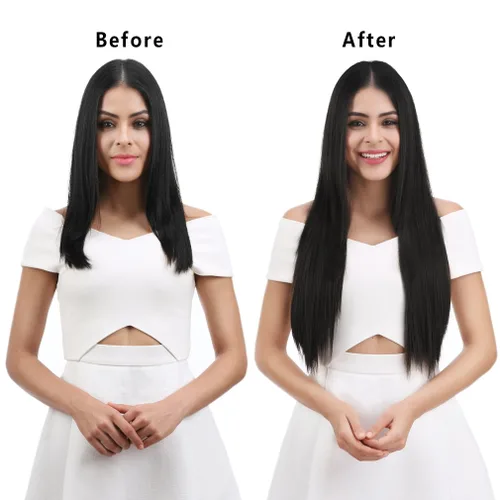 Vista 5 de REECHO - Juego de 4 extensiones de cabello sintético con clip de 12 pulgadas, 14 pulgadas y 16 pulgadas, lacio, largo y grueso, marrón oscuro