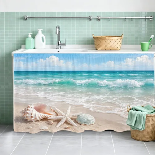 Vista 4 de Lukery Ocean Patterns Kitchen Cabinet Curtains Dustproof No Drilling (Beach,40x70cm)