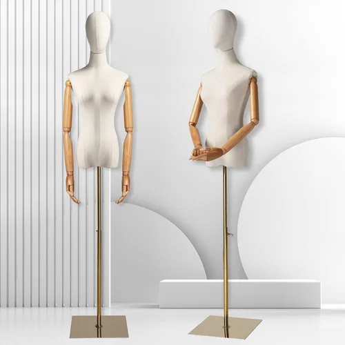Vista 7 de Bonnlo Forma de vestido femenino con cabeza y brazos de madera posables, cuerpo de torse de maniquí con base de metal altura ajustable