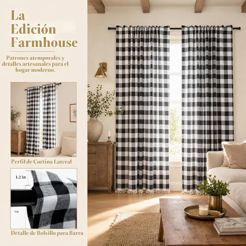 Vista 3 de ShinyBeauty Cortinas de cocina a cuadros negros de búfalo 2 paneles de cortinas opacas con borlas y bolsillo para barra, cortinas opacas de 63