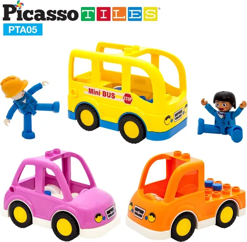 Vista 8 de PicassoTiles Juego de figuras magnéticas de 5 piezas para vehículos y figuras de acción, incluyendo autobús escolar, automóvil, camión y 2
