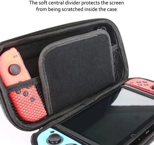 Vista 5 de TJS Case for Nintendo Switch with 2 Pack Tempered Glass Screen Protector Carbon Fiber Texture Hard Travel Carrying Case Shell Carry Pouch - Black