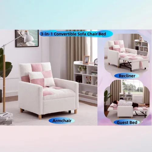 Vista 4 de Linique Sofá cama convertible, silla ajustable con almohada, silla multifuncional con tela de peluche suave para sala de estar, dormitorio