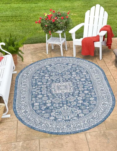 Vista 48 de Unique Loom Outdoor Aztec Collection Alfombra de área, Chalca (5 pies 3 pulgadas, octágono, aguamarina/marfil)