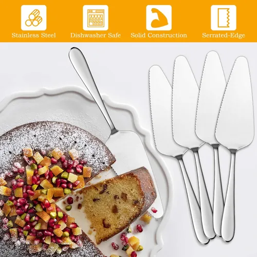Vista 4 de E-far Servidor de pastel de 5 piezas, cortador de espátula de acero inoxidable para pasteles y queso pizza, borde dentado con mango ovalado, pulido