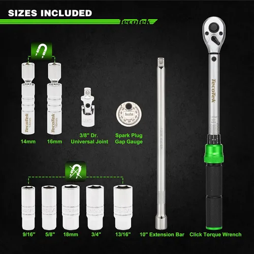 Vista 2 de TecoTek juego de 11 piezas de enchufes de bujía de 3/8" con llave de torque de clic, separador de bujías, junta universal, barra de extensión