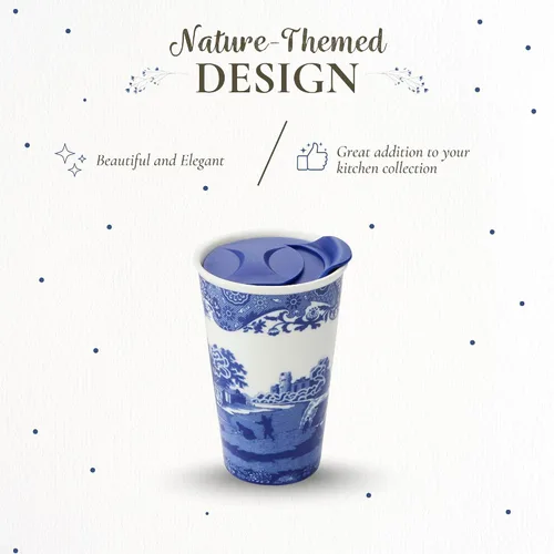 Vista 4 de Spode Taza de viaje de porcelana italiana azul de 8 onzas con tapa – Vaso con estampado escénico con borde decorativo – Taza de café de cerámica