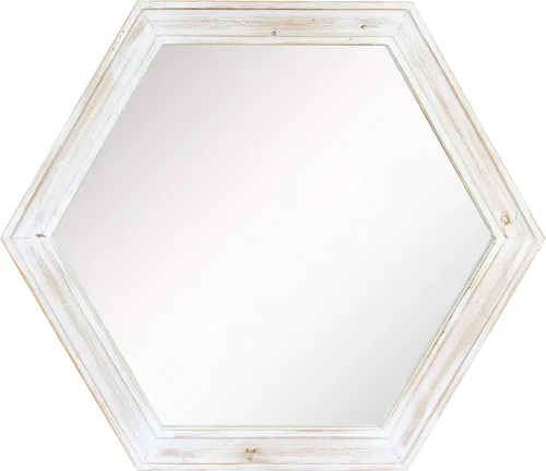 Vista 9 de Stonebriar Espejo de pared hexagonal decorativo de 24 pulgadas con marco de madera negra y soporte para colgar, decoración rústica decorativa