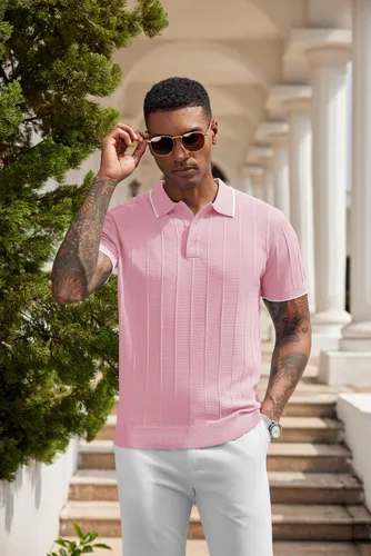 Vista 86 de COOFANDY Camisas polo de punto para hombre de manga corta con textura acanalada Camisas de golf casuales y ligeras con cuello Camiseta de polo