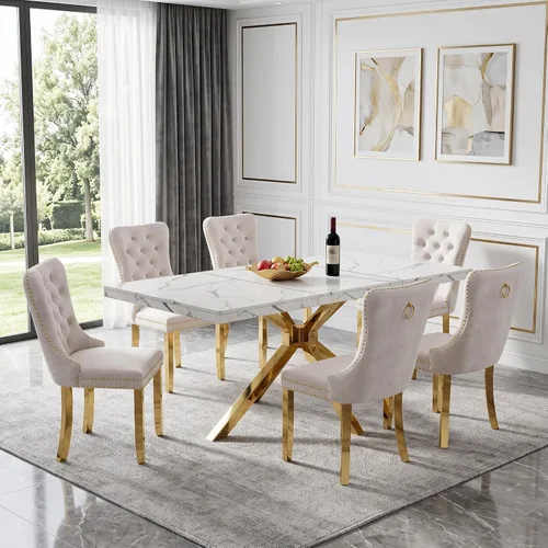 Vista 14 de Henf Mesa de comedor de mármol sintético blanco de 70 pulgadas para 4-6 personas, mesa de cocina rectangular moderna con mesa de mármol sintético