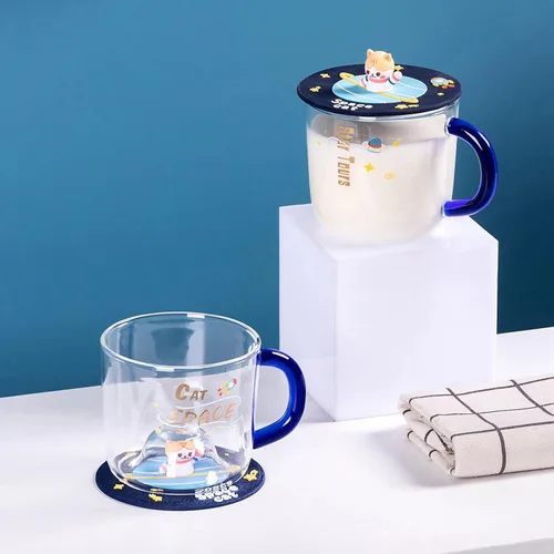 Vista 6 de Bonita taza de café de cristal con tapa de silicona Kawaii Cat para café, té, leche, decoración estética de habitación, regalo divertido
