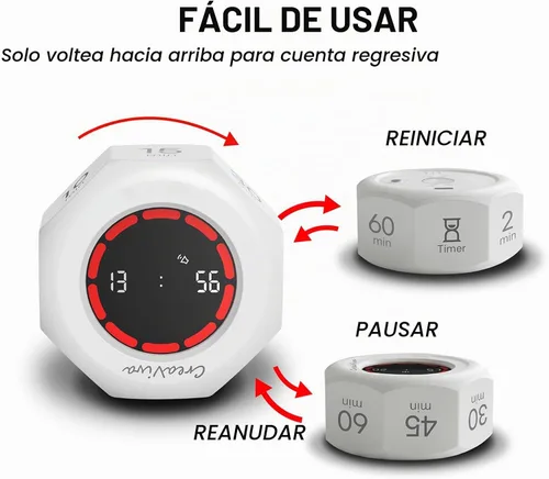 Vista 3 de Flip Cube Pomodoro Timer - Temporizador Visual Recargable de Cuenta Regresiva y Cronómetro de Cuenta Progresiva, 7 Intervalos Preestablecidos, 3