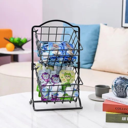Vista 4 de Cesta de frutas de hierro de 2 niveles para encimera de cocina, pan, frutas y verduras, cesta de almacenamiento de alambre colgante para organizador