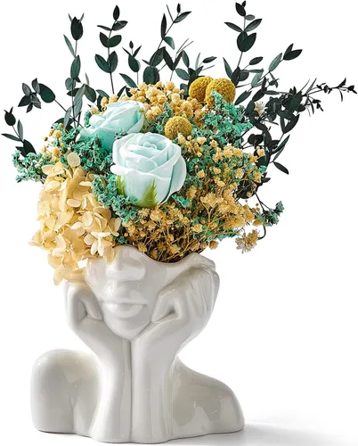 Vista 11 de FJS Jarrones de Cerámica con Cara, Jarrones de Flores Blancos para Decoración, 3.5" An x 7" Al Jarrón Decorativo Moderno como Centro de Mesa