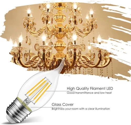 Vista 2 de LVWIT Bombilla LED de filamento con punta de llama, candelabro E26, base regulable 4.5 W (equivalente a 60 W) B11, 2700 K, blanco cálido, paquete