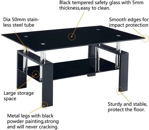 Vista 5 de Mesa auxiliar rectangular de cristal, mesa auxiliar moderna con estante inferior de almacenamiento, mesa auxiliar de té de 2 niveles para sala
