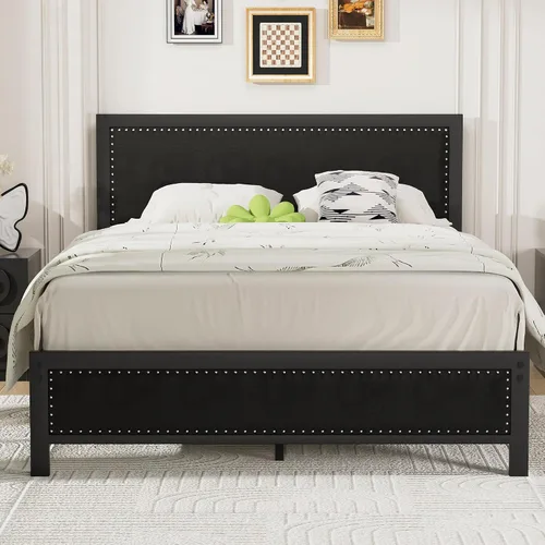 Vista 15 de VECELO Queen Bed Frame, Storage Upholstered Headboard with Charging Station, Platform Bedframe, Heavy Duty Metal Slats, No Box Spring Needed