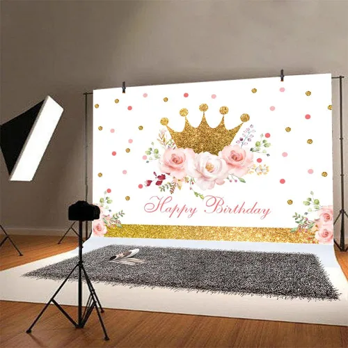 Vista 5 de Telón de fondo de feliz cumpleaños de 5 x 3 pies para niñas, corona dorada, fondo de fotografía floral rosa para decoración de fiesta de cumpleaños