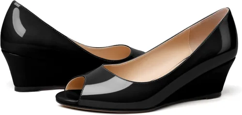 Vista 4 de Mettesally Zapatos de tacón de cuña para mujer, puntera abierta, tacones medios, sin cordones, cómodos, para oficina, trabajo, zapatos de tacón