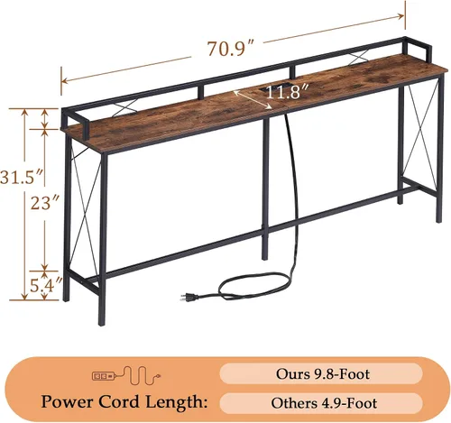Vista 3 de VECELO Mesa consola de 71 pulgadas con 2 salidas y 2 puertos USB, muebles de entrada con cable de alimentación de 9.8 pies de largo, deflector