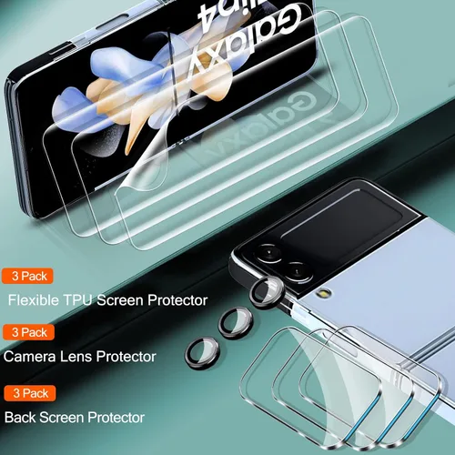 Vista 4 de IMBZBK Protector de pantalla 9 en 1 para Samsung Galaxy Z Flip 4 5G, película flexible de pantalla interior + protector de pantalla trasera