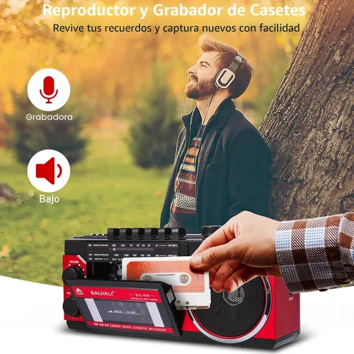 Vista 6 de Reproductor de casete portátil con radio AM/FM/SW y BT, Boombox para el hogar y viajes, grabación desde radio, reproducción a través de SD/USB