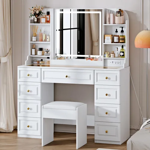 Vista 13 de 43" Lighted Makeup Vanity Set w/9 Drawers & Shelf, Padded Stool, Black