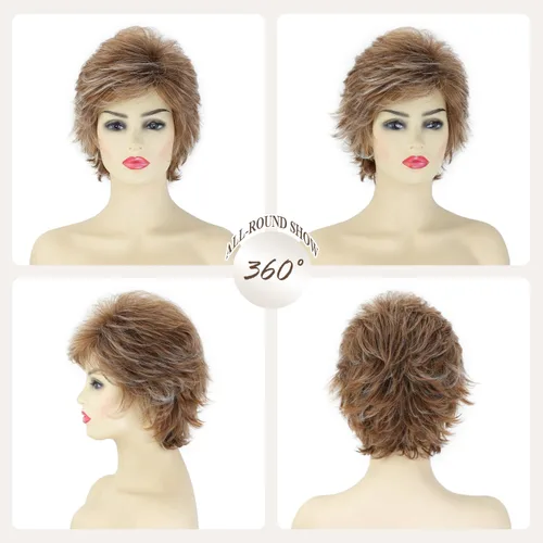 Vista 2 de SEVENCOLORS - Pelucas cortas onduladas de color marrón para mujeres blancas, peluca de cabello sintético con capas de rubio mezclado natural y rubio