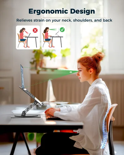 Vista 4 de Soporte ajustable para laptop de escritorio - Elevador portátil para laptop con base giratoria, soporte plegable de aluminio para computadora