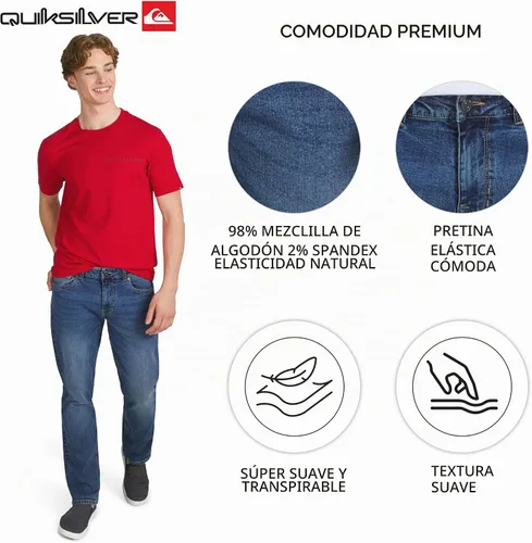 Vista 2 de Quiksilver - Jeans de mezclilla elásticos para hombre con 5 bolsillos y ajuste recto Brisa de Capri