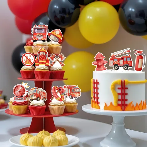 Vista 3 de 48 piezas de decoraciones de cumpleaños para camiones de bomberos, decoración de cumpleaños de bomberos, decoración de cupcakes para camiones
